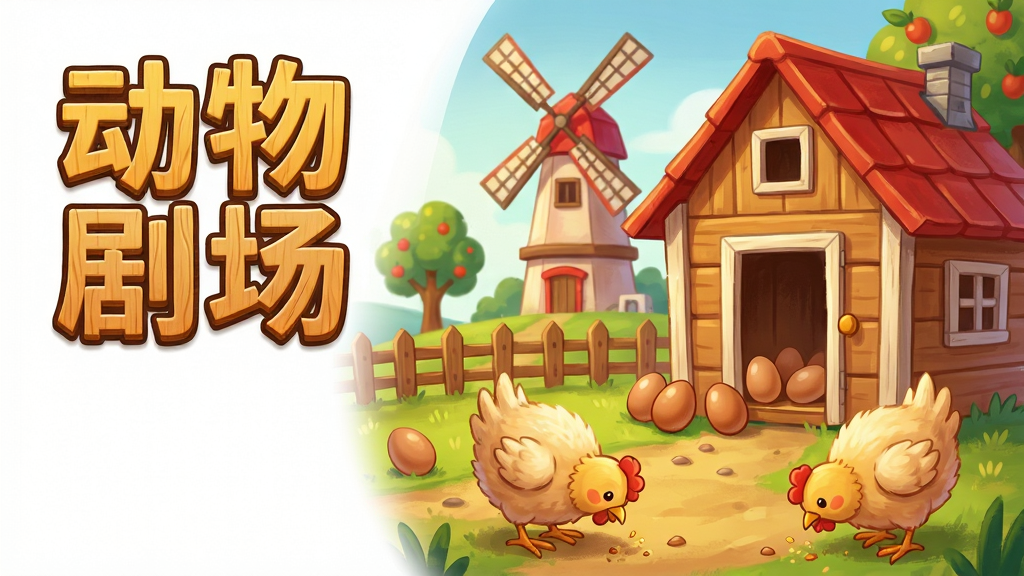 主体:一座充满生机的卡通风格农场,前景是几只毛茸茸的小鸡在啄食,背景是红顶木屋与风车。布局:画面采用黄金分割构图,主体农场位于右侧,左侧留白放游戏名称“动物剧场”艺术字。排版:文字竖排于左上角,字色为暖黄色,带木纹质感。风格:清新手绘风,色彩明快,光影柔和。细节:鸡舍门口散落几枚褐色的鸡蛋,远处有栅栏和果树。画质:4K超清,干净无多余元素。