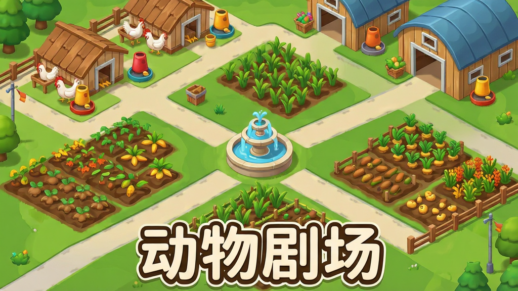 主体:一张规划整齐的农场俯视图,鸡舍、农田、仓库排列有序。布局:采用等距视角,道路连接各区域,中心有喷泉装饰。排版:画面下方显示“动物剧场”字样,字体为圆体。风格:模拟经营类游戏常见的美式卡通风格。细节:每块农田都有不同作物,鸡舍外有自动喂食器。画质:细节丰富,干净无多余元素。