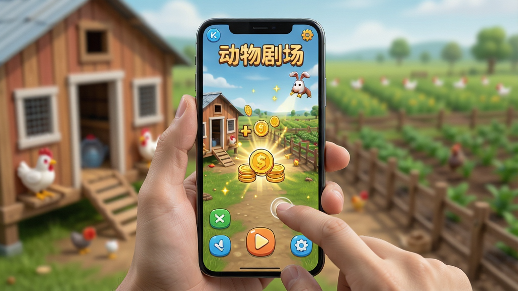 主体:一位玩家手持手机,屏幕上显示游戏画面,周围有鸡舍和农田。布局:手机位于画面中央,背景虚化,突出屏幕内容。排版:屏幕上方有“动物剧场”字样,下方有虚拟按键。风格:写实场景与卡通UI结合。细节:手机屏幕上显示金币增加的特效,玩家手指点击操作。画质:超清,干净无多余元素。