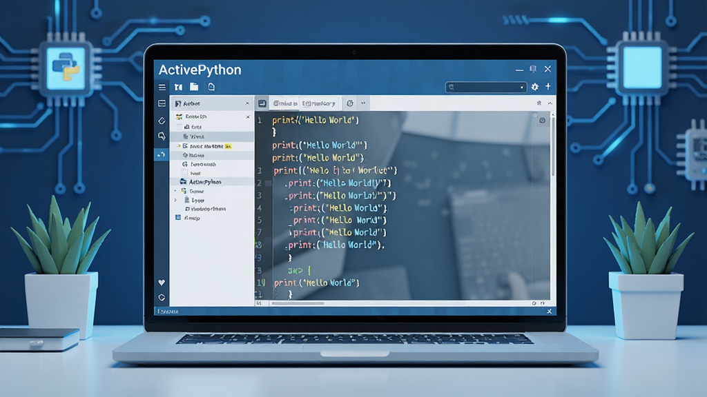 主体:一台现代笔记本电脑屏幕显示ActivePython的集成开发环境界面,代码编辑器中有彩色代码。布局:电脑居中,屏幕内容清晰可见,周围有简洁的科技感装饰元素。排版:屏幕上的代码行整齐排列,突出Python语法高亮。风格:扁平化、现代、科技感,蓝色主色调。细节:屏幕左上角有“ActivePython”字样,编辑器中显示“print('Hello World')”代码。画质:4K高清,干净,无多余元素。