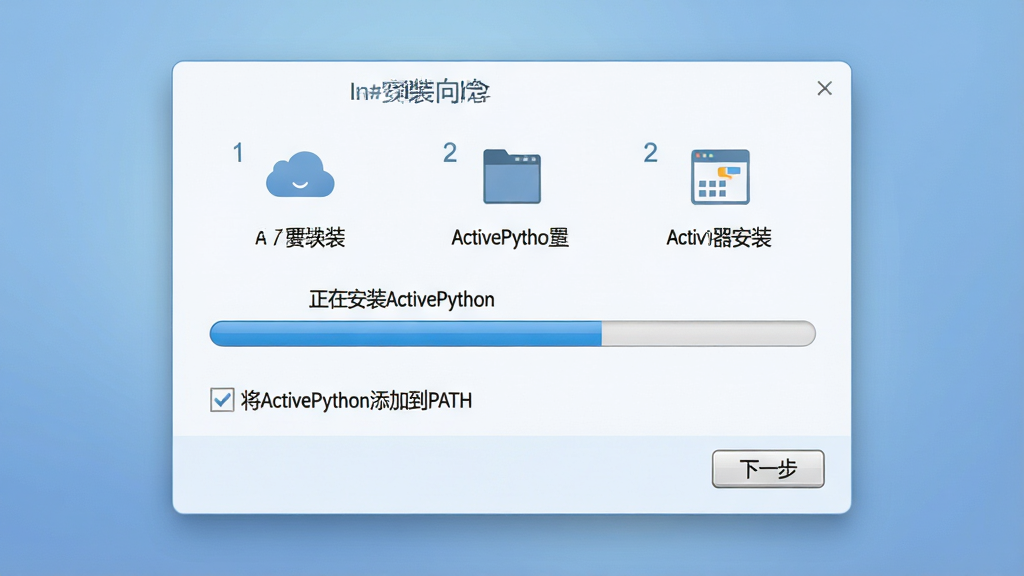 主体:一个简洁的安装向导界面,进度条显示“正在安装ActivePython”。布局:界面居中,背景为柔和的渐变蓝色。排版:安装步骤以清晰的图标和文字展示,进度条醒目。风格:友好、直观、干净。细节:勾选框显示“将ActivePython添加到PATH”,底部按钮为“下一步”。画质:高清,纯净,无多余元素。