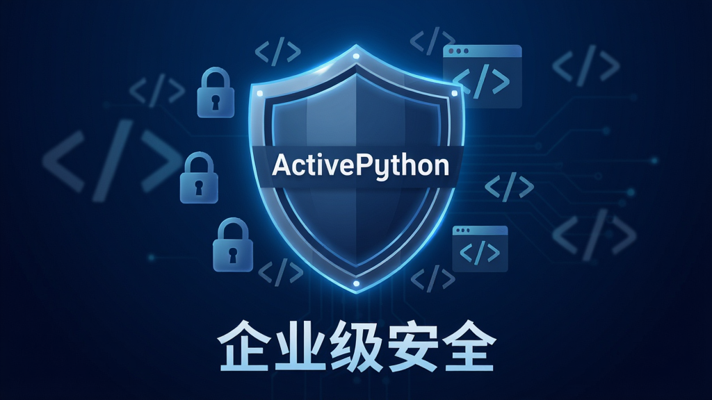 主体:一个盾牌图标,中间有“ActivePython”字样,周围环绕着锁和代码符号。布局:图标居中,背景为深蓝色的科技感渐变。排版:盾牌图标下方有“企业级安全”文字。风格:严肃、专业、现代。细节:盾牌边缘有发光线条,代码符号若隐若现。画质:高清晰度,干净,无多余元素。