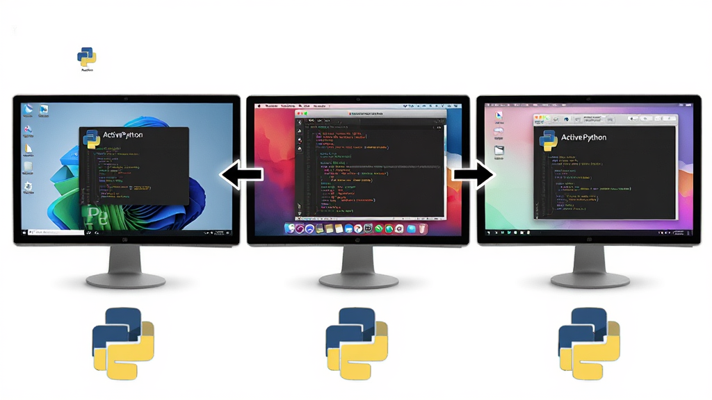主体:三个电脑显示器分别显示Windows、macOS和Linux桌面,屏幕上都运行着ActivePython代码。布局:三台显示器并排,中间用箭头连接。排版:每个屏幕下方有对应系统图标。风格:简洁、清晰、跨平台概念。细节:每个屏幕都有“ActivePython”标识,代码行清晰可见。画质:高清,干净,无多余元素。