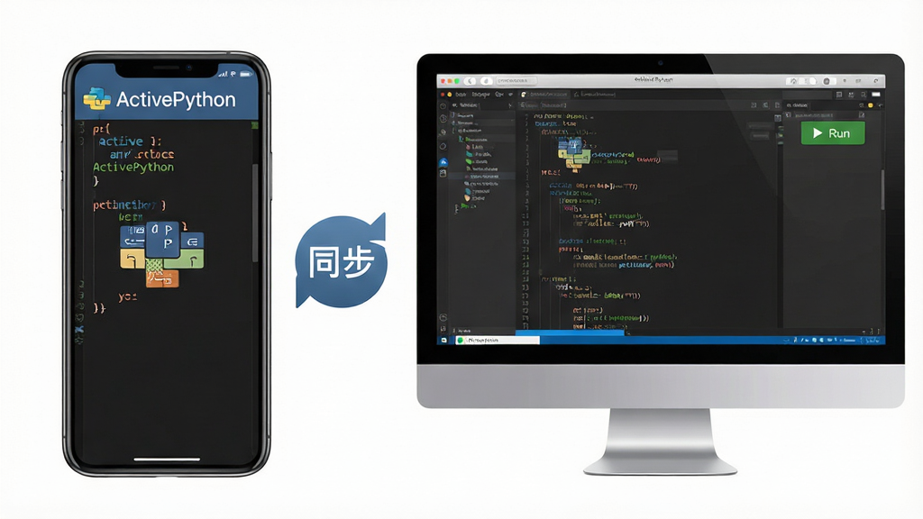 主体:一部智能手机和一台电脑并排,屏幕上显示ActivePython代码运行界面。布局:手机在左,电脑在右,中间有“同步”图标。排版:手机屏幕显示简单的Python代码,电脑屏幕显示完整的开发环境。风格:现代、实用、跨设备。细节:手机屏幕上有“ActivePython”字样,电脑屏幕有“Run”按钮。画质:清晰,干净,无多余元素。