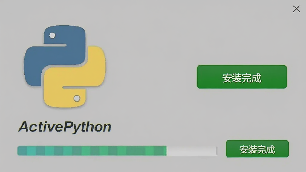 一个简洁的安装向导界面,显示ActivePython的安装进度条,背景是干净的纯色,左侧有Python的Logo和“ActivePython”字样,右侧是“安装完成”的绿色按钮,整体风格扁平化,画质清晰,无多余元素。