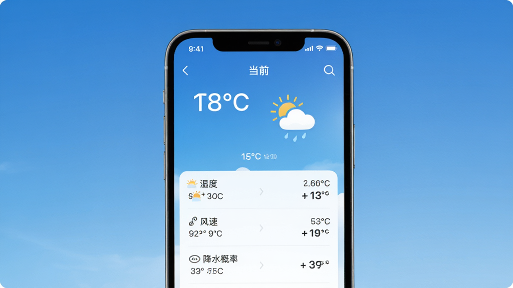 附近天气准确报APP界面预览图,主体为智能手机屏幕展示天气详情页,背景为蓝色渐变天空,布局简洁,上方显示当前温度与天气图标,下方列表展示湿度、风速、降水概率等数据,整体风格清新现代,细节丰富,画质高清,干净无多余元素