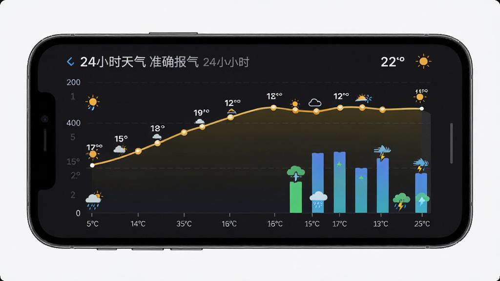 附近天气准确报24小时预报图表,主体为手机屏幕展示逐小时温度曲线与降水概率柱状图,布局为横向时间轴,风格简洁直观,细节标注温度与天气图标,画质高清,背景干净无多余元素