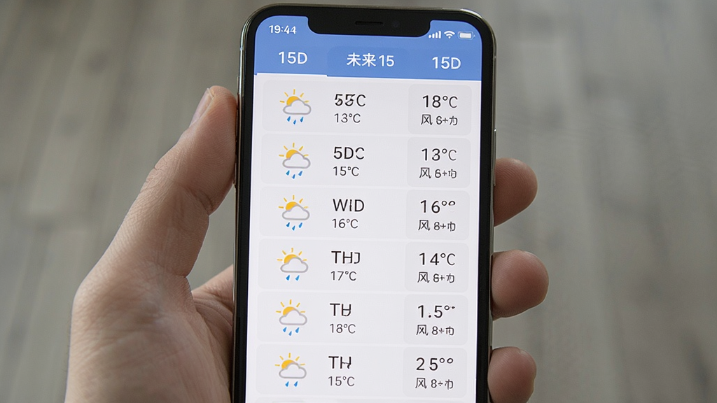 附近天气准确报15日预报列表,主体为手机屏幕滚动展示未来15天天气列表,每日包含天气图标、温度范围与风力风向,布局规整,风格清晰,细节丰富,画质干净无多余元素