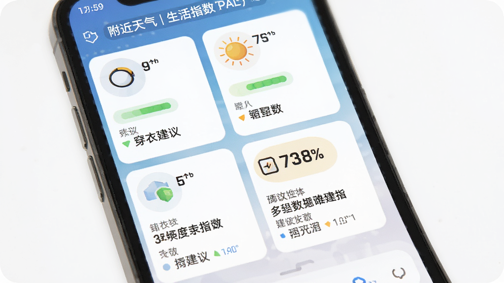 附近天气准确报生活指数界面,主体为手机屏幕展示六大指数卡片,每个卡片有图标与等级文字,布局网格化,风格清新,细节包括穿衣建议等,画质干净无多余元素