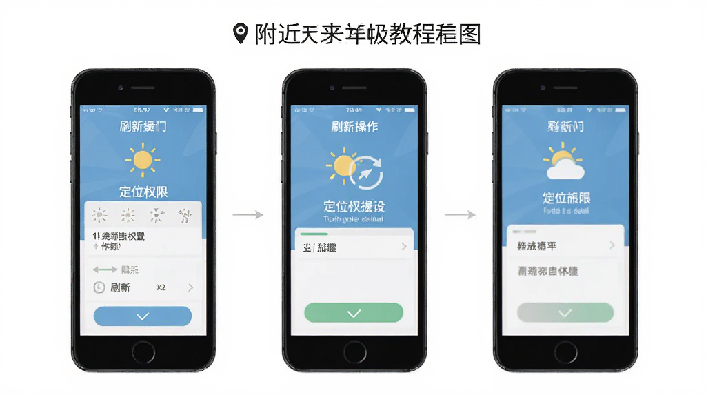 附近天气准确报使用教程示意图,主体为手机操作步骤图示,布局为分步图解,风格简洁明了,细节包括定位权限设置、刷新操作等,画质干净无多余元素