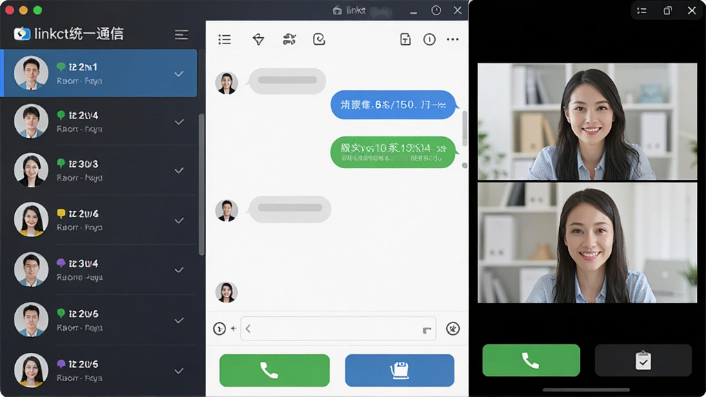软件界面截图风格图,左侧是联系人列表,中间是聊天窗口,右侧是视频会议画面,底部有电话和文件传输按钮,整体布局清晰,UI设计现代,带有“linkct统一通信”字样,画质干净,无多余元素。