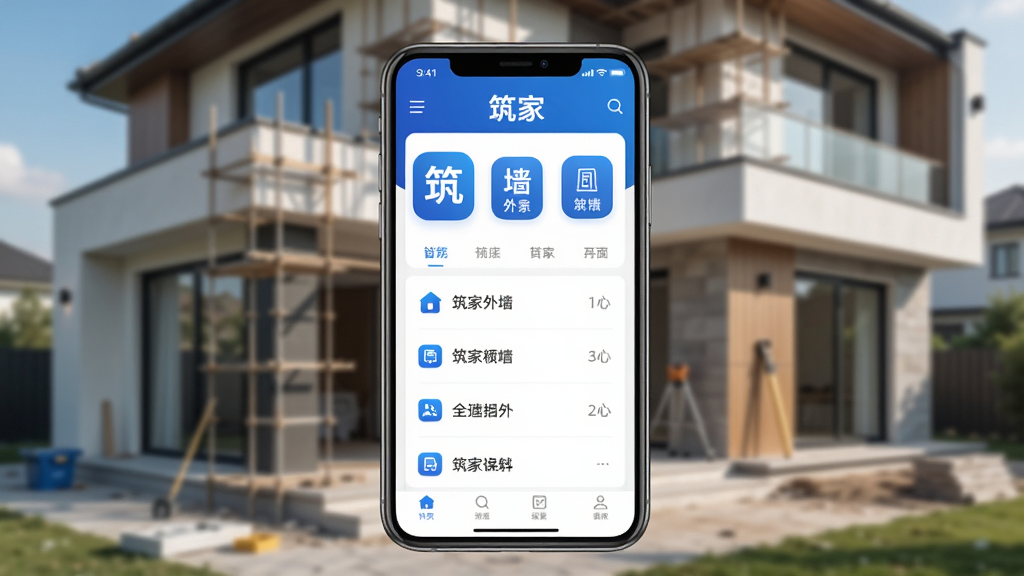 筑家外墙APP主视觉图,展示手机界面与外墙装修场景融合,主体为智能手机屏幕显示筑家外墙应用首页,背景为现代别墅外墙装修实景,布局采用手机居中、背景虚化处理,排版简洁大气,风格写实,细节包括应用图标、功能列表、色彩搭配以蓝白为主,画质高清干净,无多余元素