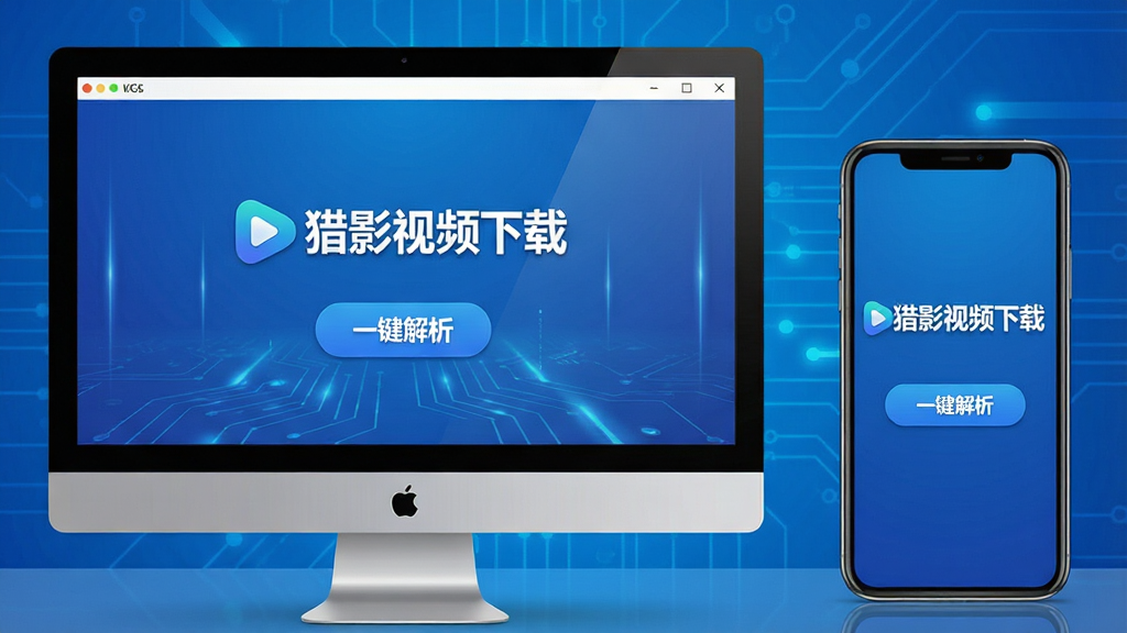 主体:猎影视频下载软件的主界面展示,电脑屏幕与手机屏幕并排显示软件界面,界面中清晰显示“猎影视频下载”LOGO和“一键解析”按钮,背景为渐蓝色科技感背景,布局:左右对称构图,电脑在左手机在右,排版:居中排列,风格:现代扁平化设计,细节:界面图标清晰,文字可辨,画质:高清渲染,干净,无多余元素