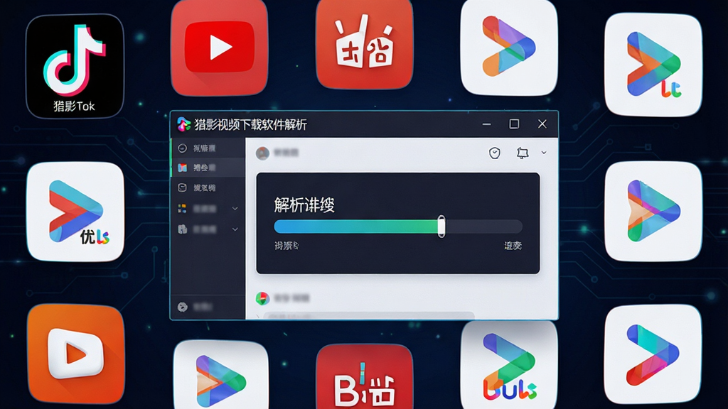 主体:猎影视频下载软件解析视频的界面特写,显示多个视频平台图标如抖音、B站、优酷等环绕在软件窗口周围,窗口中央显示解析进度条,布局:环绕式构图,排版:图标均匀分布,风格:科技感插画,细节:每个图标上有对应平台名称,画质:高清,干净,无多余元素