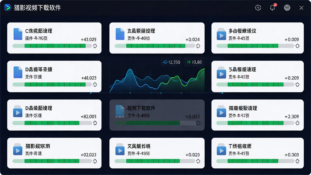 主体:猎影视频下载软件批量下载界面,显示多个下载任务同时进行,进度条均为满格状态,背景为动态网速曲线图,布局:中心对称,排版:任务卡片整齐排列,风格:数据可视化风格,细节:每个任务卡片显示文件名和下载速度,画质:高清,干净,无多余元素