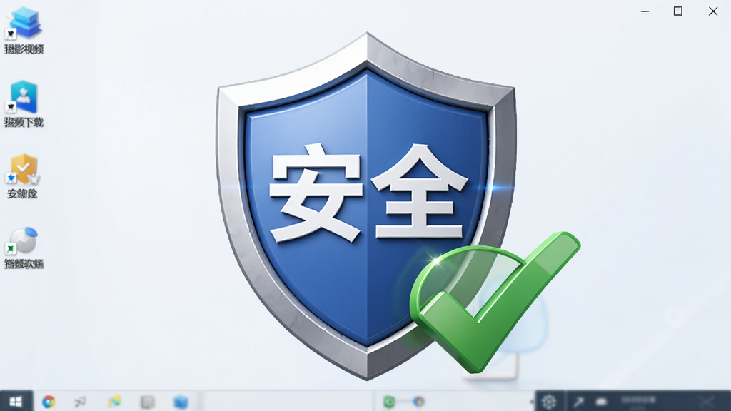 主体:猎影视频下载软件的安全防护盾牌图标与绿色对勾,背景为干净的系统桌面,布局:居中,排版:盾牌图标占主体,细节:盾牌上写有“安全”二字,画质:高清,干净,无多余元素