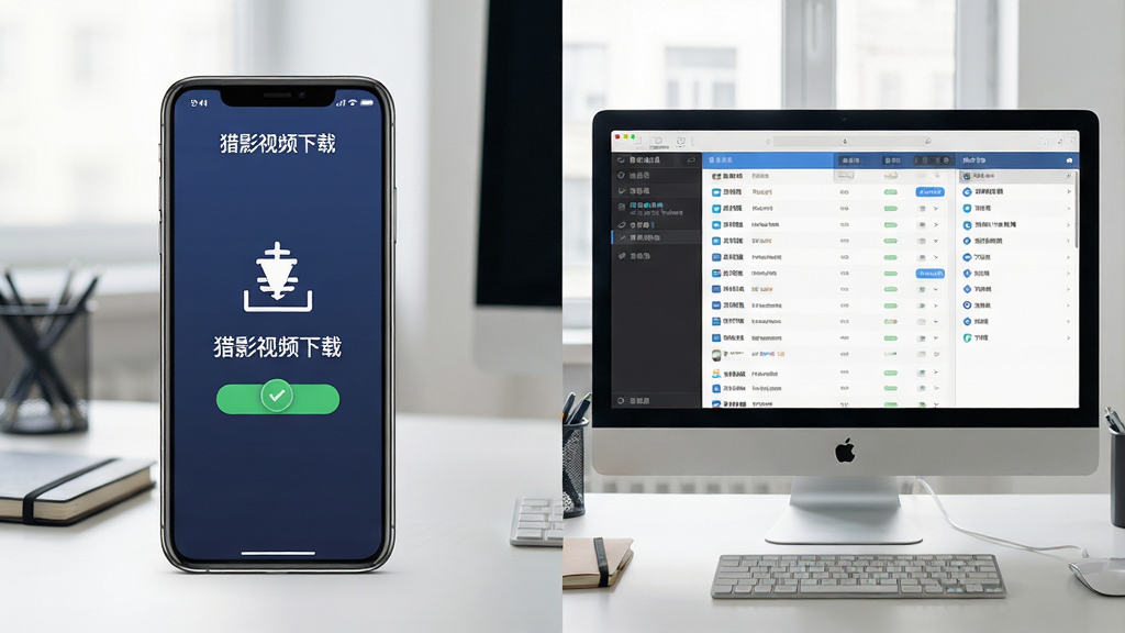 主体:猎影视频下载软件在手机和电脑上同时运行的实景图,手机屏幕显示下载成功界面,电脑屏幕显示批量任务列表,背景为整洁的办公桌,布局:左右分屏,排版:设备居中,风格:真实拍摄风格,细节:设备屏幕上可见“猎影视频下载”字样,画质:高清,干净,无多余元素