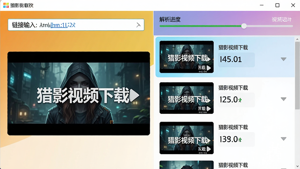 展示猎影视频下载软件解析视频的界面,左侧为链接输入框,右侧显示解析进度和视频列表,每个视频条目带有清晰缩略图和