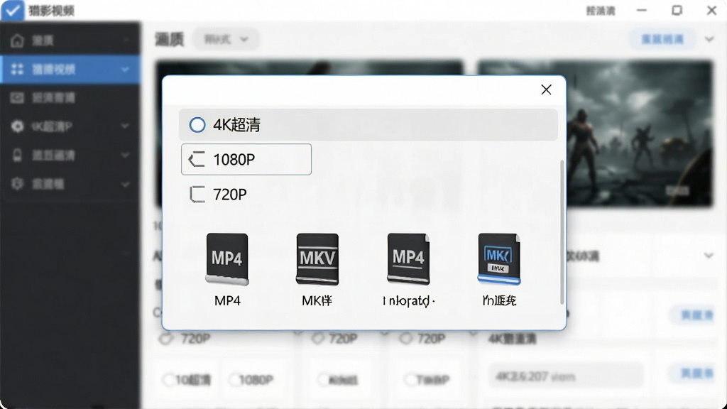 一张猎影视频下载软件选择画质和格式的弹窗截图,弹窗内列出