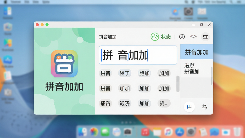 主体:一款名为“拼音加加”的输入法软件界面,悬浮在电脑屏幕中央,界面简洁明亮。布局:左侧为软件LOGO和名称“拼音加加”,右侧为输入状态栏和候选词窗口,背景为模糊的桌面壁纸。排版:输入框内显示“拼音加加”四个汉字,下方排列着对应的候选词组。风格:现代化扁平设计,色彩清新,细节精致。画质:高清渲染,干净无多余元素。