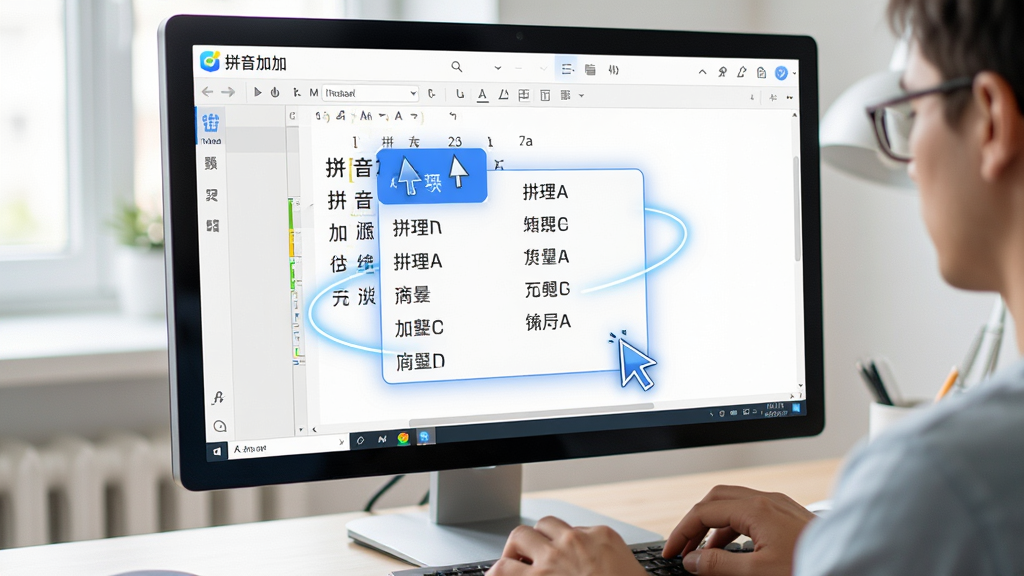 主体:电脑屏幕前,用户正在使用“拼音加加”输入法快速打字。布局:屏幕中心显示输入法候选框,候选词精准对应输入拼音,周围有流畅的光标移动轨迹。排版:候选框内展示多个词语选项,背景为干净的文本编辑器。风格:科技感与生活化结合,色彩明亮。画质:高清,画面干净无多余元素。
