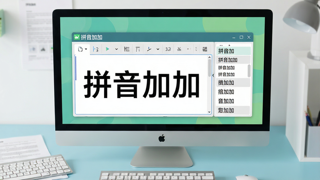 主体:电脑屏幕前展示拼音加加输入法界面,界面简洁清晰,输入框内显示“拼音加加”四个大字,旁边有候选词列表。布局:屏幕中央为输入法主界面,背景为干净的纯色桌面,周围有柔和的办公环境元素,如键盘、文档。排版:输入法界面居中突出,文字醒目,界面设计现代且友好。风格:扁平化设计,色彩清新明快,整体氛围专业且亲切。细节:输入法状态栏显示“拼音加加”Logo,候选词字体清晰,界面无多余元素,画质高清,干净整洁。