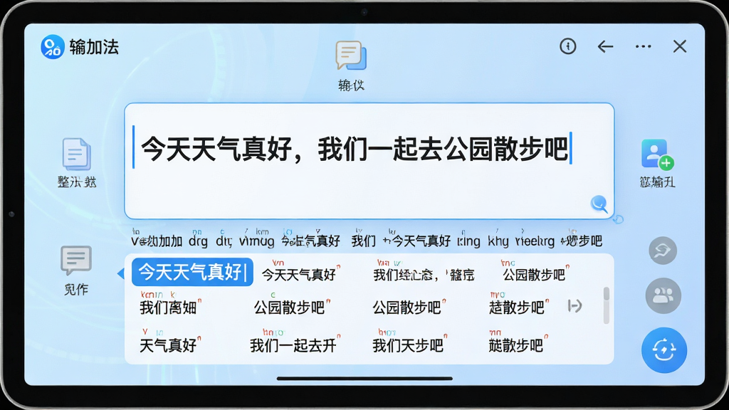 主体:展现拼音加加输入法智能整句输入功能的界面,输入框中显示一行完整的汉字句子,如“今天天气真好,我们一起去公园散步吧”,下方候选栏显示对应的拼音及智能排序的候选词。布局:输入框位于界面中央,背景为淡蓝色渐变,周围有简洁的文字说明图标。排版:句子醒目,候选词排列整齐,界面干净清爽。风格:现代感,科技感,色调明快。细节:拼音标注清晰,候选词高亮显示第一个,输入法Logo置于角落,画质高清,无多余元素。