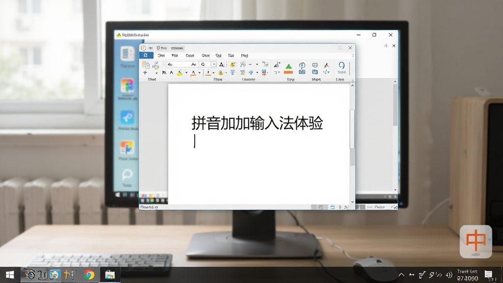 主体:一张电脑桌面上显示拼音加加输入法安装完成后的界面,任务栏右侧输入法图标,以及一个文档窗口正在使用拼音加加输入文字。布局:桌面整洁,文档窗口位于中央,输入法状态栏在右下角。排版:文档内容清晰,输入法状态栏显示“中”字。风格:真实场景,光线柔和,色彩自然。细节:文档中显示“拼音加加输入法体验”字样,输入法图标明显,画质高清,无多余元素。