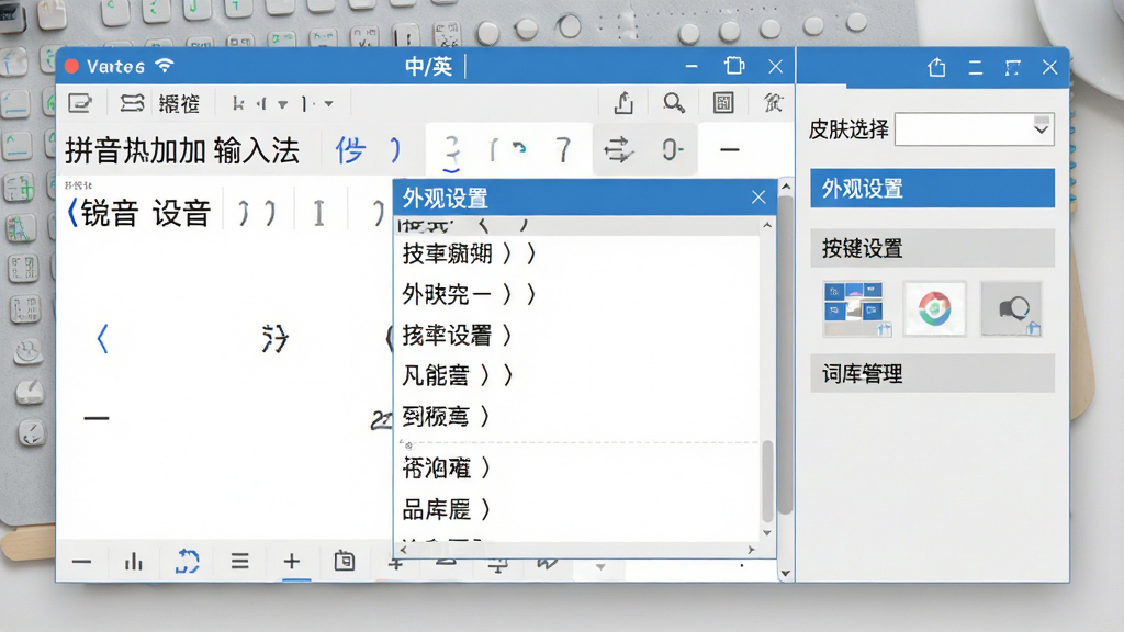 主体:展示拼音加加输入法软件界面,包括状态栏、候选词窗口和设置面板,设置面板中有“外观设置”、“按键设置”、“词库管理”等选项。布局:左侧为输入法主界面,右侧为展开的设置面板,背景为浅灰色工作台。排版:设置选项清晰排列,状态栏显示“中/英”状态。风格:简洁商务风,色调以蓝白灰为主。细节:设置面板上有“皮肤选择”下拉菜单,候选词窗口字体清晰,整体画质干净,无多余元素。