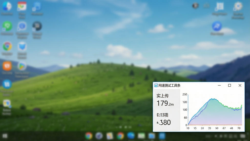 一张电脑桌面截图,右下角悬浮着网速测试工具条的迷你悬浮窗,显示实时上传下载速度数字,旁边有平滑的网速曲线图,背景为模糊的桌面壁纸,整体风格简洁明快,画质清晰,无多余元素,软件名称