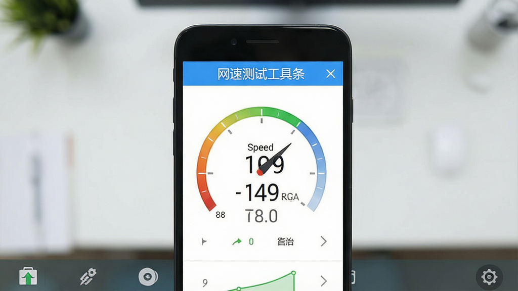 一张网速测试工具条在手机上运行的截图,手机屏幕显示测速结果,背景为简洁的桌面,画面清晰,软件名称