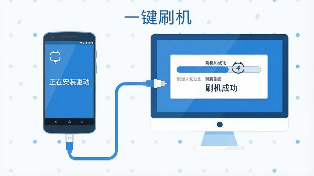 一幅展示“一键刷机”操作流程的扁平化插图,画面左侧是一部连接数据线的安卓手机,屏幕显示“正在安装驱动”,右侧电脑屏幕上显示进度条与“刷机成功”字样,整体以蓝色和白色为主色调,布局清晰,风格简洁现代,画质干净