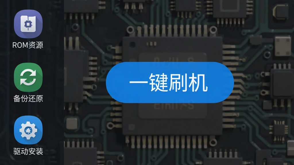 一幅展示极度刷机主界面的高清数字插画,界面中央是醒目的“一键刷机”蓝色按钮,左侧排列着“ROM资源”、“备份还原”、“驱动安装”图标,背景是抽象的手机主板电路纹理,风格扁平化,细节丰富,画质干净无多余元素