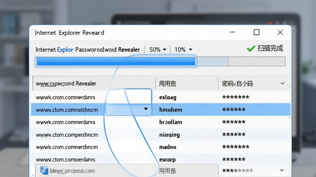 软件扫描过程界面,Internet Explorer Password Revealer 正在显示进度条,列表中出现多个网址条目和用户名,密码列显示为星号,界面风格现代,蓝色高亮显示扫描进度,背景虚化,画质清晰,文字标注“扫描完成”,干净整洁