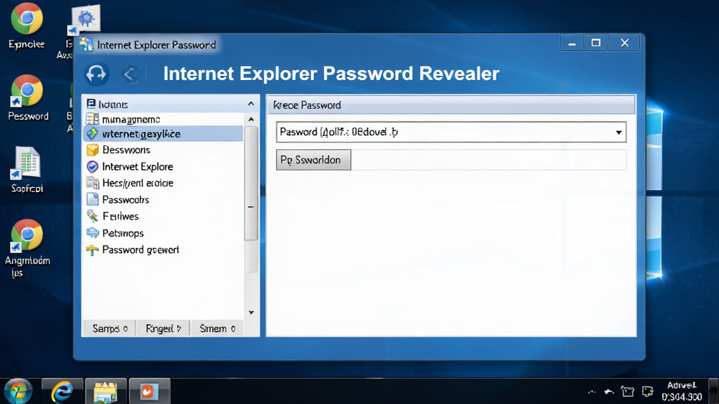 软件全貌展示,Internet Explorer Password Revealer 主界面窗口,简洁的蓝色主题,左侧列表显示网址和用户名,右侧显示恢复的密码字段,背景为干净的桌面环境,整体布局清晰,文字标注“Internet Explorer Password Revealer”,画质高清,细节丰富,无多余元素