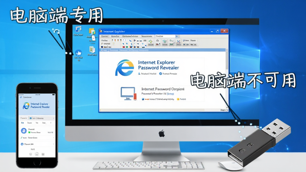 使用指南配图,电脑屏幕显示 Internet Explorer Password Revealer 界面,旁边有手机和 U 盘,提示移动端不可用,桌面背景干净,整体风格明亮,文字标注“电脑端专用”,画质清晰