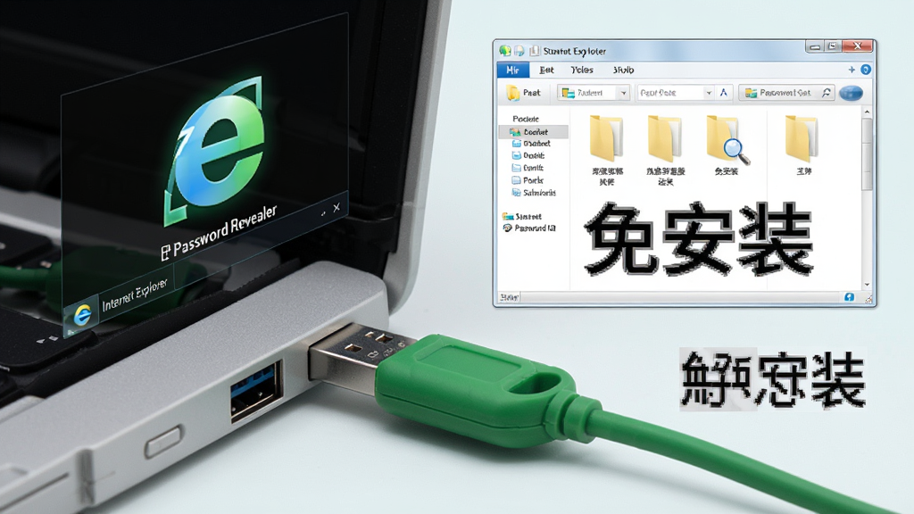 绿色便携版展示,一个 U 盘插入电脑 USB 接口,屏幕上显示 Internet Explorer Password Revealer 的绿色启动图标,周围有文件资源管理器窗口,表示免安装直接运行,风格简洁,浅色背景,细节清晰,文字标注“免安装”,干净无杂物