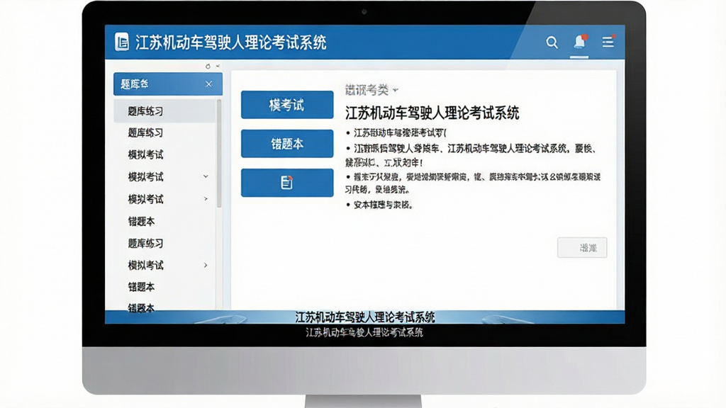 主体:软件界面展示,一台电脑屏幕上显示“江苏机动车驾驶人理论考试系统”的主界面,左侧是题库分类列表,右侧是答题区域,题目清晰可见。布局:左右分栏式布局,顶部为软件导航栏。排版:界面整洁,字体清晰,功能按钮排列有序。风格:现代简约风格,以蓝色和白色为主色调。细节:界面中显示“题库练习”、“模拟考试”、“错题本”等模块,屏幕下方有“江苏机动车驾驶人理论考试系统”字样。画质:高清,干净,无多余元素。