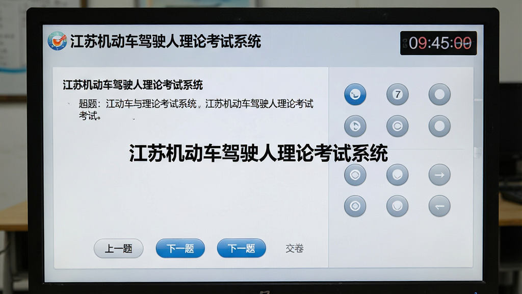 主体:模拟考试场景,电脑屏幕上显示“江苏机动车驾驶人理论考试系统”的模拟考试界面,右上角显示倒计时。布局:全屏答题界面,左侧为题目,右侧为选项按钮。排版:清晰明了,选项为圆形按钮。风格:真实考试风格,背景为浅灰色。细节:题目下方有“上一题”、“下一题”、“交卷”按钮,屏幕中央显示“江苏机动车驾驶人理论考试系统”。画质:高清,干净,无多余元素。