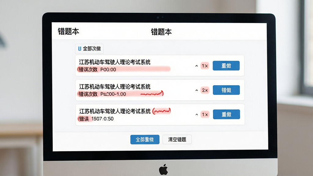 主体:错题本界面,电脑屏幕上显示“江苏机动车驾驶人理论考试系统”的错题列表,每条错题有红色标记。布局:列表式布局,每条错题显示题目、错误次数和重做按钮。排版:简洁有序,错题按错误次数降序排列。风格:清爽简洁风格,背景为白色。细节:界面顶部有“错题本”标题,底部有“全部重做”、“清空错题”按钮。画质:高清,干净,无多余元素。