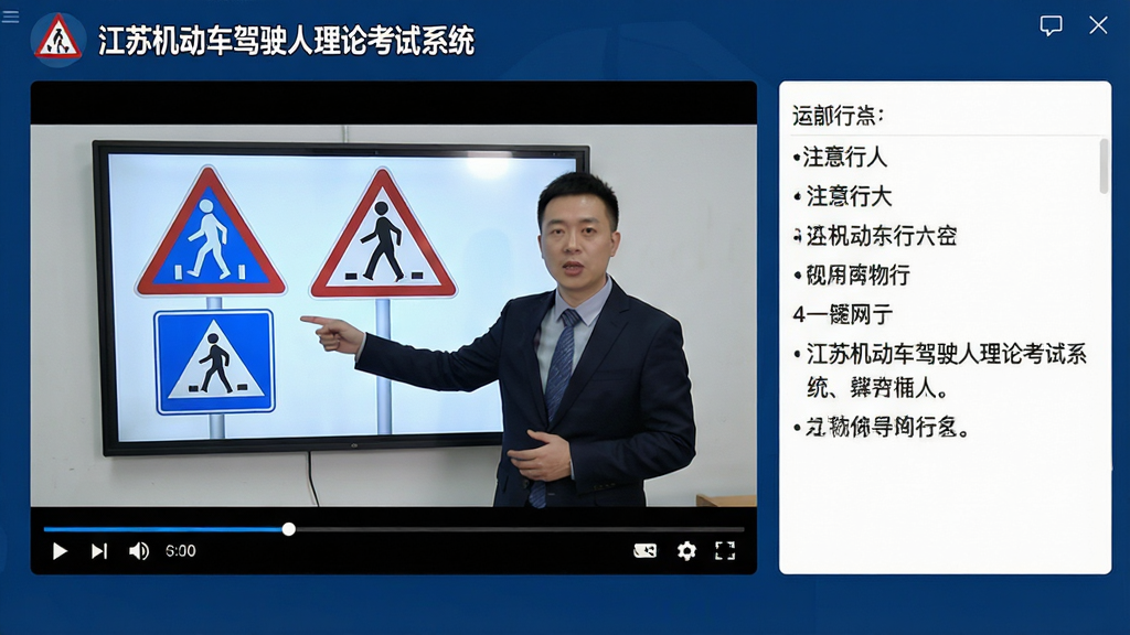 主体:视频解析界面,电脑屏幕上播放着“江苏机动车驾驶人理论考试系统”的讲解视频,讲师在讲解交通标志。布局:左侧为视频播放区,右侧为对应题目和笔记区。排版:视频下方有进度条和播放控制按钮,右侧有文字解析。风格:教学风格,背景为深蓝色。细节:视频中讲师指向屏幕上的标志,右侧显示“注意行人”等文字。画质:高清,干净,无多余元素。