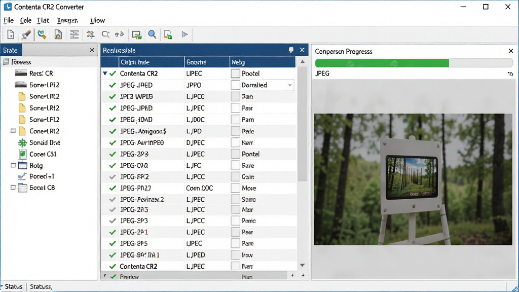 ���壺Contenta CR2 Converter�������棬��ʾCR2ԭʼͼ���ļ����ڱ�ת��ΪJPEG��ʽ�����������������Ϊ�ļ��б����Ҳ�Ϊת����������Ԥ�����ڡ����֣����½ṹ���Ϸ�Ϊ�˵����͹��������м�Ϊ˫��Ԥ�������·�Ϊ״̬�����Ű棺�����������ߣ��ļ���Ϣ�Ա�����ʽ���У�������ʹ������ɫ������ִ�רҵ������񣬱�ƽ����ơ�ϸ�ڣ�ת��������Ϊ��ɫ��������ļ����϶Թ���ǣ������������������ʣ����壬�ɾ����޶���Ԫ�ء�