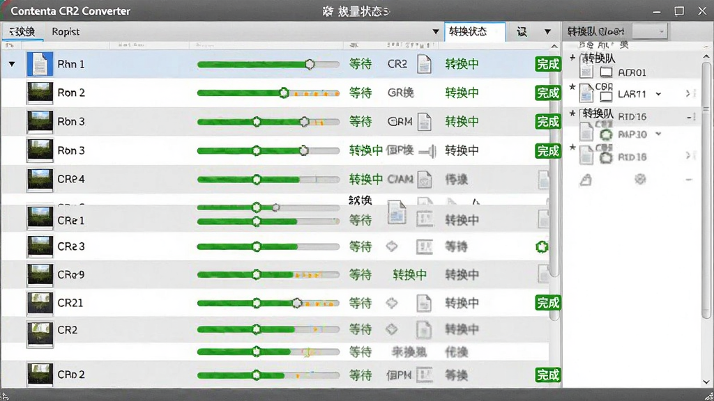 ���壺Contenta CR2 Converter����ת�����棬��ʾ�ļ��б�����ʮ��CR2�ļ����ڱ�ͬʱ������ÿ���ļ�������ɫ�����������֣�����ļ��б����Ҳ�Ϊת�����к���־�����Ű棺�б�ʹ�ý����е�ɫ���������������С���񣺸�Ч�����ִ����档ϸ�ڣ��ļ�����ͼ�����ɼ���ת��״̬��ǩ�С��ȴ�������ת���С�������ɡ�������ɫ���֡����ʣ��������ȣ��ɾ����࣬�޶���Ԫ�ء�