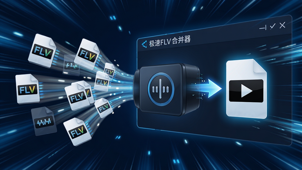 一张展示极速FLV合并器快速合并过程的动态示意图,画面中多个FLV文件图标快速飞入合并器界面,变成一个完整的视频文件图标,背景有速度线特效,风格科技感十足,画质清晰,干净无多余元素