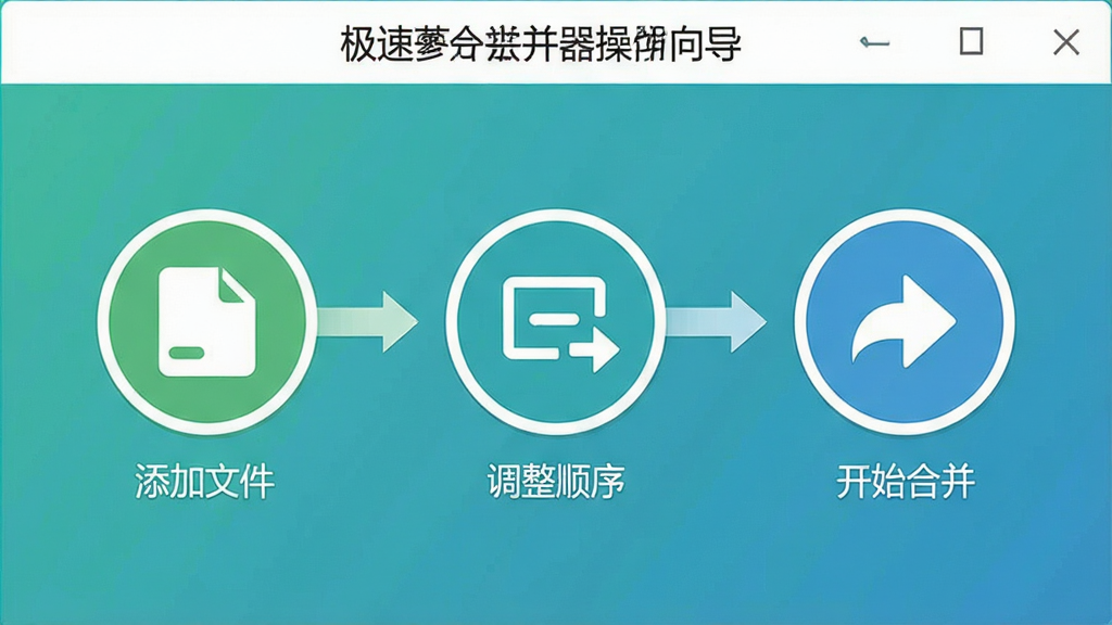 一张极速FLV合并器操作向导的截图,界面上有三步指引图标,分别标注添加文件、调整顺序、开始合并,整体设计扁平化,配色清新,画质清晰,干净无多余元素