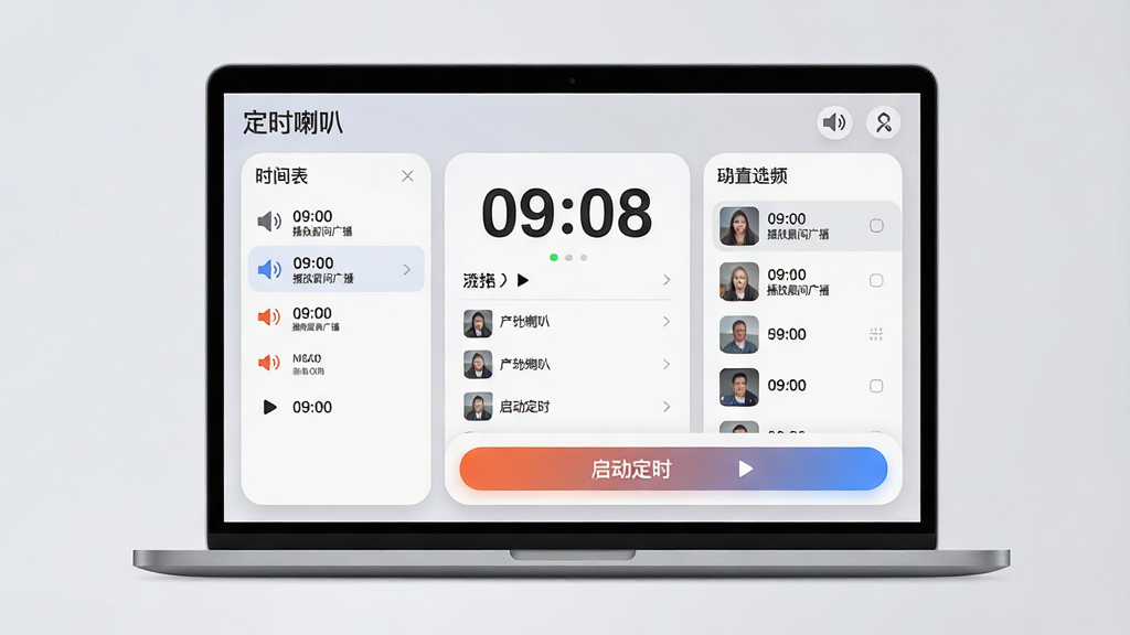 主体:定时喇叭(TimingLaba)软件界面展示,一台现代笔记本电脑屏幕中显示简洁的定时设置面板,带有大号数字时钟和播放列表。布局:主视觉居中,界面元素清晰排列,左侧为时间表列表,右侧为音频文件选择区域,底部有醒目的“启动定时”按钮。排版:UI设计采用扁平化风格,圆角卡片布局,字体清晰易读。风格:科技感与实用感结合,背景为浅灰色渐变。细节:屏幕中显示“定时喇叭”字样和“09:00 播放晨间广播”的列表项,喇叭图标点缀。画质:高清渲染,干净无多余元素。