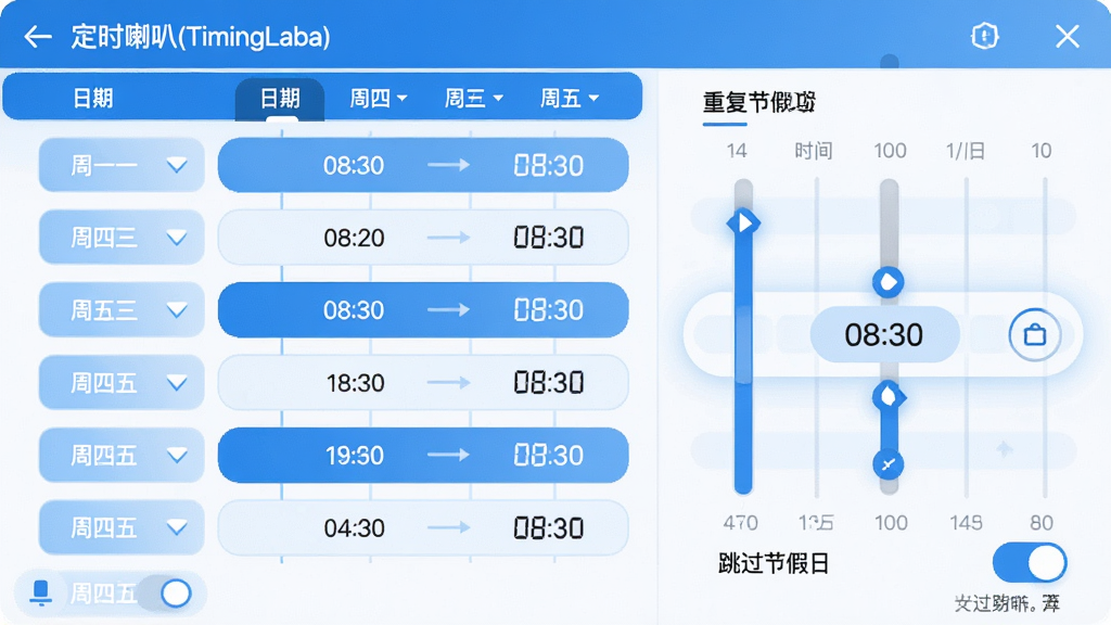 主体:定时喇叭(TimingLaba)的定时规则设置界面,展示一周七天的时间轴选择器。布局:左侧为日期选择列表,右侧为时间滚动条和重复选项。排版:清晰的分栏结构,选项按钮排列整齐。风格:清爽的蓝白配色,现代感十足。细节:周一至周五被高亮选中,时间显示“08:30”,有“跳过节假日”开关。画质:干净,无多余元素。