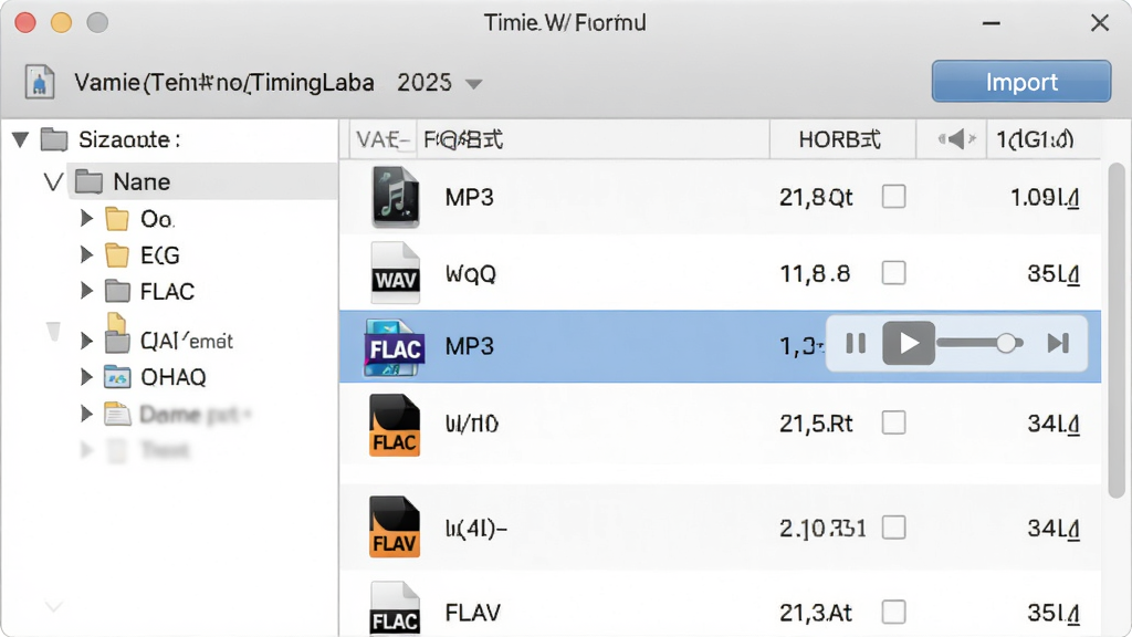 主体:定时喇叭(TimingLaba)的音频文件管理窗口,显示列表中有MP3、WAV、FLAC格式的文件图标。布局:左侧为文件夹树,右侧为文件列表,顶部有导入按钮。排版:列表式布局,每个文件显示名称、格式、时长。风格:简洁商务风格,浅灰色背景。细节:文件图标清晰,其中一个MP3文件被选中并显示播放预览控件。画质:干净,无多余元素。