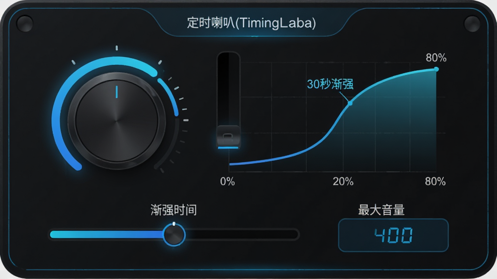 主体:定时喇叭(TimingLaba)的音量设置面板,显示一个圆形的音量旋钮和渐强曲线图。布局:面板中央为音量滑块,下方有“渐强时间”调节条和“最大音量”数字框。排版:简洁的控制面板设计。风格:深色背景,科技蓝点缀。细节:曲线图展示音量从0%平滑升至80%的过程,并标注“30秒渐强”。画质:干净,无多余元素。