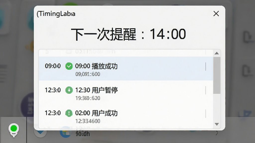主体:定时喇叭(TimingLaba)的系统托盘弹窗,显示日志列表和下一次提醒倒计时。布局:弹窗顶部为“下一次提醒:14:00”,下方为滚动日志区域。排版:清晰的时间线布局,每条日志带状态图标。风格:浅色简洁风格。细节:日志内容包括“09:00 播放成功”,“12:30 用户暂停”,托盘图标有绿色小圆点表示运行中。画质:干净,无多余元素。